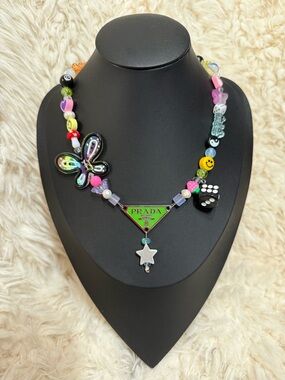 Upcycled Prada Beaded Lariat Triangle Logo Beaded Charm Necklace